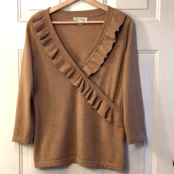 Banana Republic Sweaters - Banana Republic Extra Merino Wool Sz L Women's Sweater Faux Wrap Ruffle Camel
